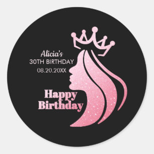 Sticker Rond Queen Crown Parties scintillant rose Noir Joyeux a
