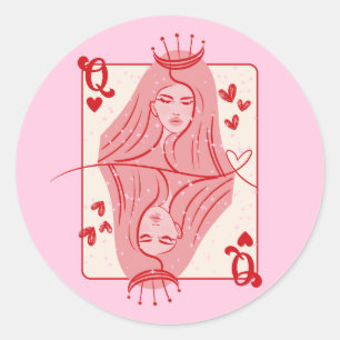Sticker Rond Queen of Hearts Red and Pink Preppy Art
