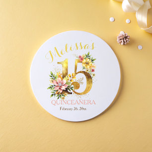 Sticker Rond Quinceañera 15e anniversaire fête Floral or