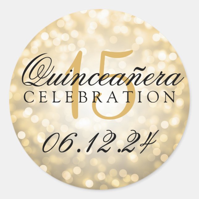 Sticker Rond Quinceanera 15e anniversaire Gold Bokeh lumières (Devant)
