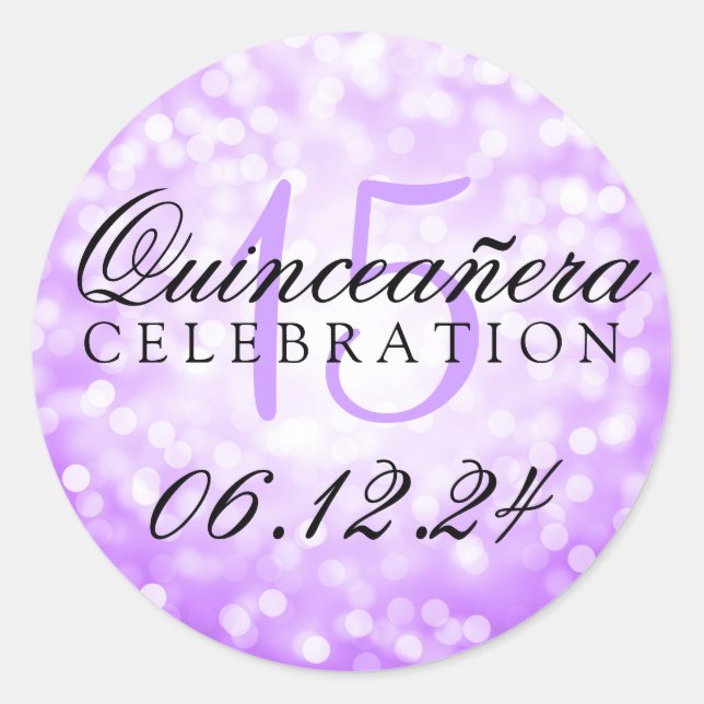 Sticker Rond Quinceanera 15e anniversaire Purple Bokeh lumières (Devant)