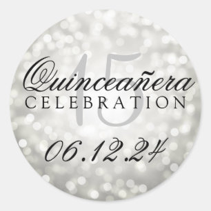 Sticker Rond Quinceanera 15e anniversaire Silver Bokeh lumières