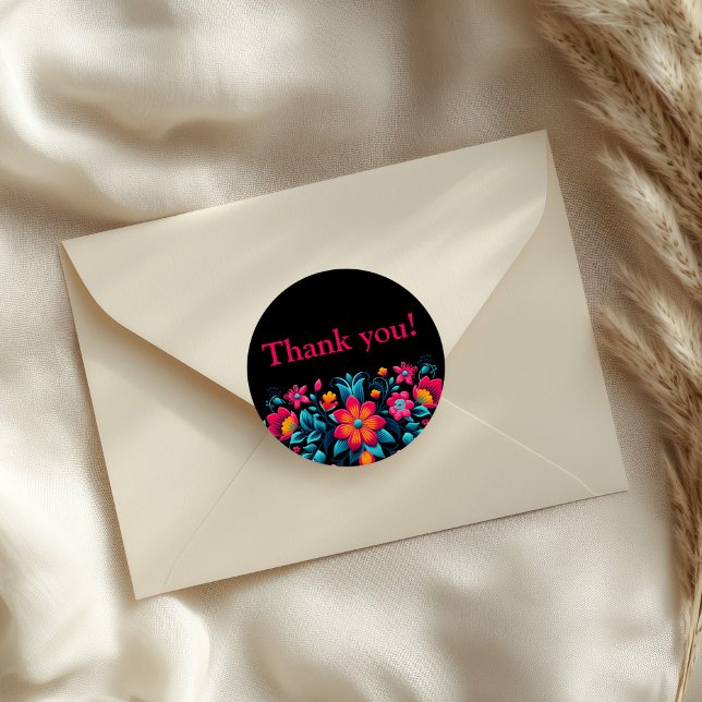 Sticker Rond Quinceanera Black Mexican Fiesta Merci (Quinceanera Black Mexican Fiesta Thank You Classic Round Sticker on an elegant  envelope.)