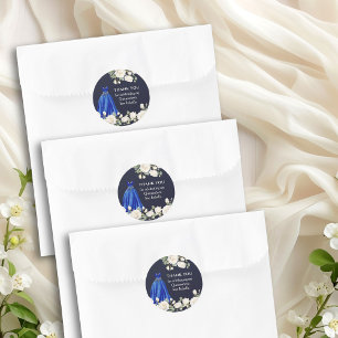 Sticker Rond Quinceanera bleu foncé Princesse Robe Florale