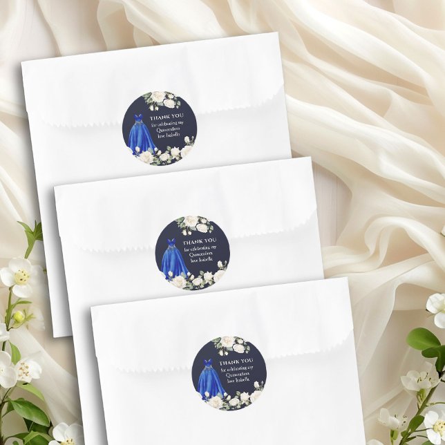 Sticker Rond Quinceanera bleu foncé Princesse Robe Florale (Thank you sticker from the Princess Dress and Roses Quinceanera collection by Darling & May)