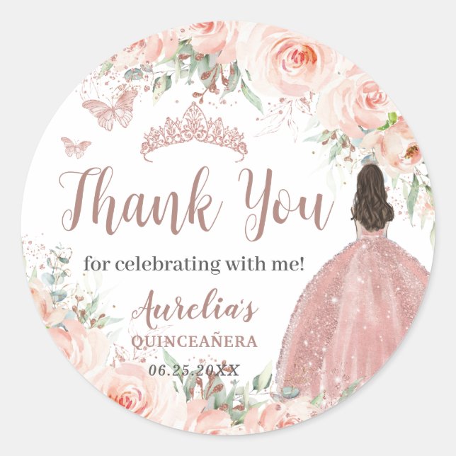 Sticker Rond Quinceanera Blush Floral Rose Gold Princesse Robe (Devant)