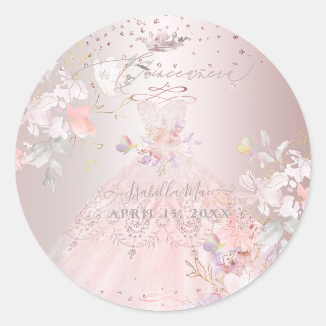 Sticker Rond Quinceanera Blush Parties scintillant Gown Pois do (Devant)