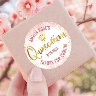 Sticker Rond Quinceañera Blush Rose Aquarelle Or Foil Girl