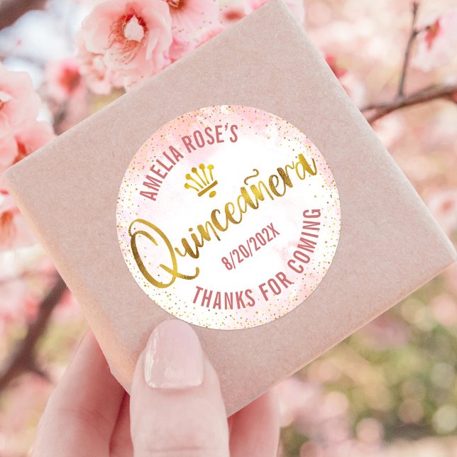 Sticker Rond Quinceañera Blush Rose Aquarelle Or Foil Girl (Créateur téléchargé)