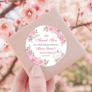 Sticker Rond Quinceanera Blush rose Floral Argent Couronne