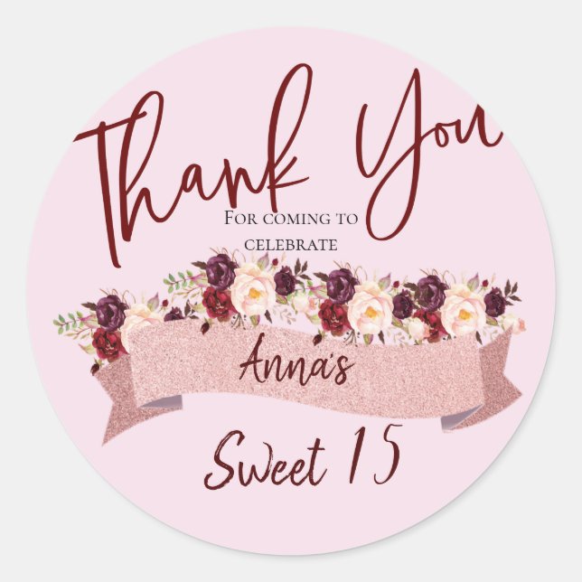 Sticker Rond Quinceañera Blush rose Parties scintillant Floral  (Devant)