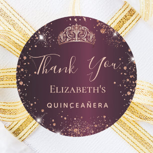 Sticker Rond Quinceanera Bourgogne rose or tiara merci
