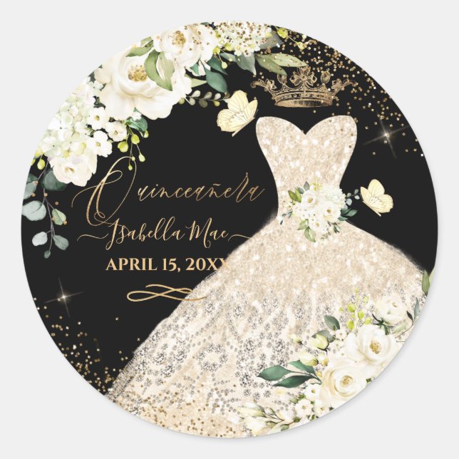 Sticker Rond Quinceanera Champagne Gold Parties scintillant Gow (Devant)