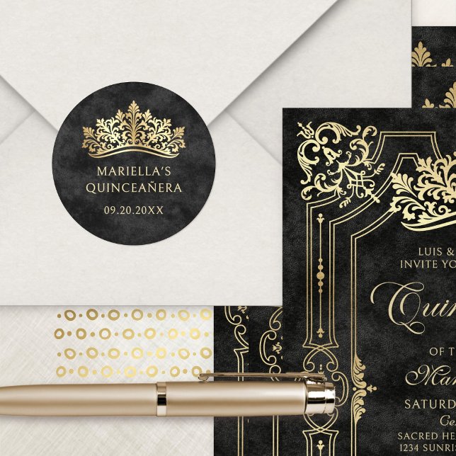 Sticker Rond Quinceanera de la Couronne de Tiara noire (Créateur téléchargé)