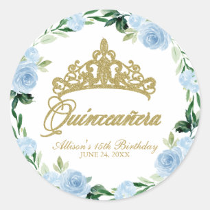 Sticker Rond Quinceanera Dieu Tiara Baby Blue Floral