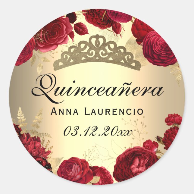 Sticker Rond Quinceanera d'or Rose à fleurs rouges (Devant)