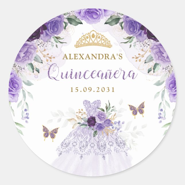 Sticker Rond Quinceanera d'or violet Fête d'anniversaire Faveur (Devant)