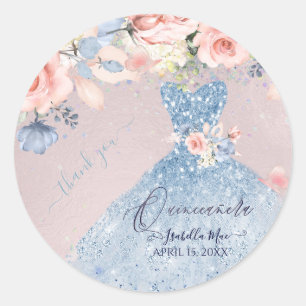 Sticker Rond Quinceanera Dusty Blue Parties scintillant Gown Bl