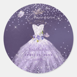 Sticker Rond Quinceanera Dusty Purple Argent Parties scintillan