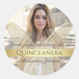 Sticker Rond Quinceanera Elegant Gold Butterfly Photo