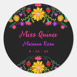 Sticker Rond Quinceanera Fiesta Mexicaine Florale Anniversaire