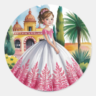 Sticker Rond Quinceañera fille en rose et blanc