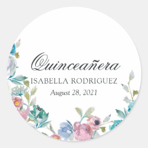 Sticker Rond Quinceañera Florale Bleu Poussiéreux et Turquoise