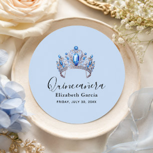 Sticker Rond Quinceañera Florale Bleue & Ivoire