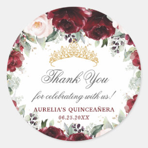 Sticker Rond Quinceanera Florale Rose de Bourgogne Favoriser le