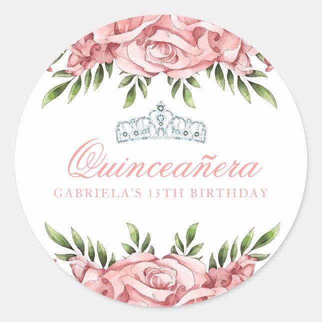 Sticker Rond Quinceanera florale rose et blanche (Devant)