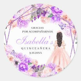 Sticker Rond Quinceanera florale rose et violet
