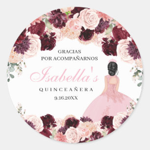 Sticker Rond Quinceanera florale rose pâle de Bourgogne