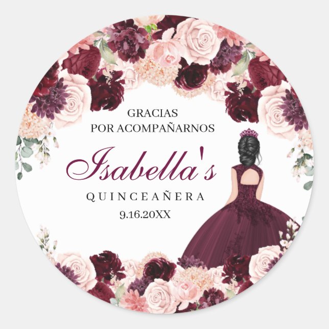 Sticker Rond Quinceanera florale rose pâle de Bourgogne (Devant)