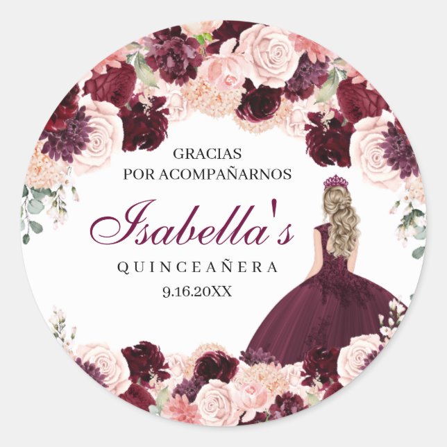 Sticker Rond Quinceanera florale rose pâle de Bourgogne (Devant)