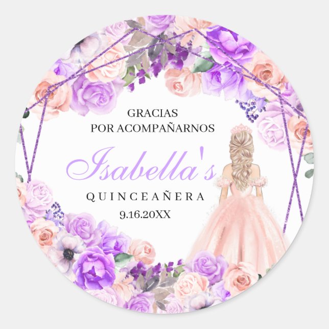 Sticker Rond Quinceanera Florale Rose & Violet Classic Round St (Devant)