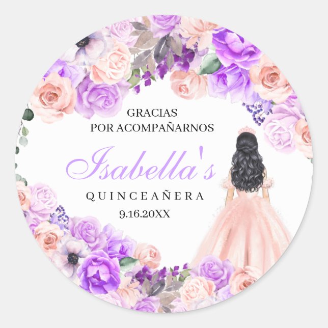 Sticker Rond Quinceanera Florale Rose & Violet Classic Round St (Devant)