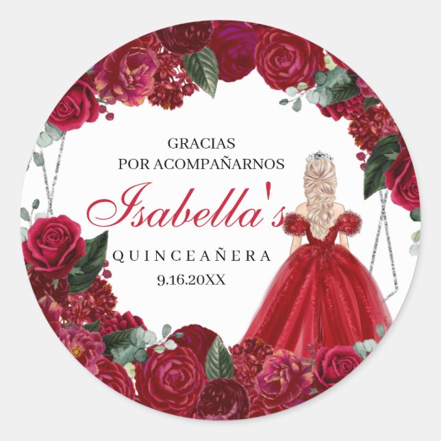 Sticker Rond Quinceanera florale rouge et argent (Devant)