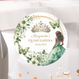 Sticker Rond Quinceañera Green Floral Butterfly Gold Tiara