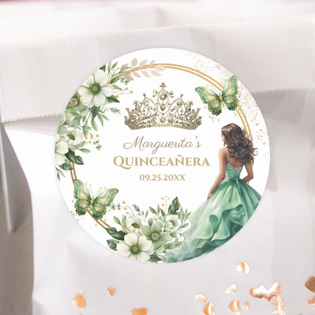 Sticker Rond Quinceañera Green Floral Butterfly Gold Tiara (Créateur téléchargé)