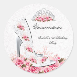 Sticker Rond Quinceanera Jolie Princesse Roses Roses Chaussure