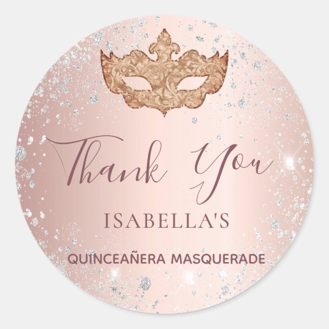 Sticker Rond Quinceanera mascarade rose or Merci argent (Devant)