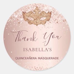 Sticker Rond Quinceanera mascarade rose or parties scintillant 