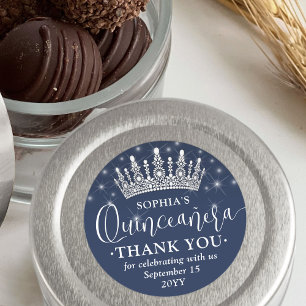 Sticker Rond Quinceañera Merci Élégant Couronne Bleu Nuit