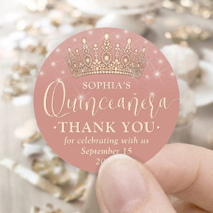 Sticker Rond Quinceañera Merci Elégant Rose Or Couronne rose