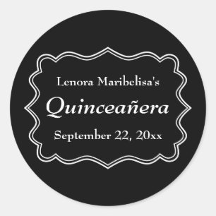 Sticker Rond Quinceanera noir et blanc élégant
