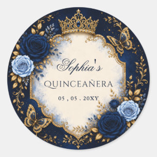 Sticker Rond Quinceañera Papillon Floral Or Navy