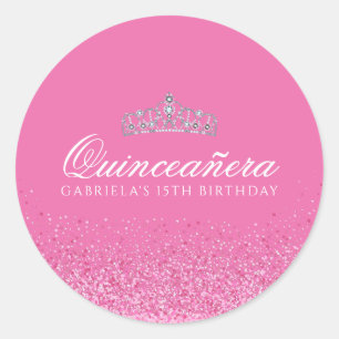 Sticker Rond Quinceanera Parties scintillant rose
