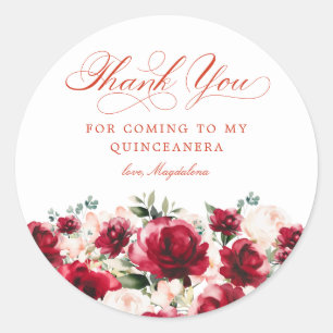 Sticker Rond Quinceanera Party Rouge rose Merci floral