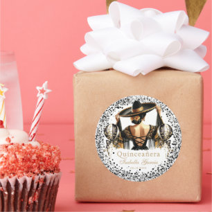 Sticker Rond Quinceañera Personnalisé Luxe Black Gold Mexicain
