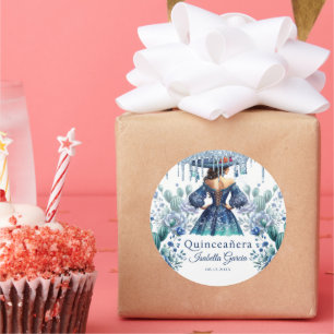 Sticker Rond Quinceañera Personnalisée Aquarelle Bleu Mexicaine